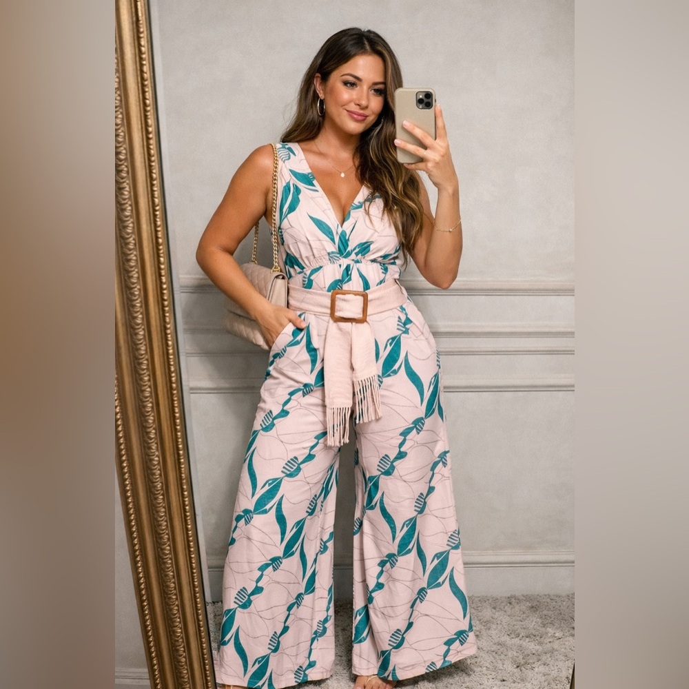 Pink Green Tropical Print Wide-Leg Jumpsuit Boutique Sz Large
